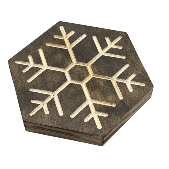 Snowflake wood Plack sign embossed burned Christmas winter brown 5 x 5" READ - Picture 1 of 3